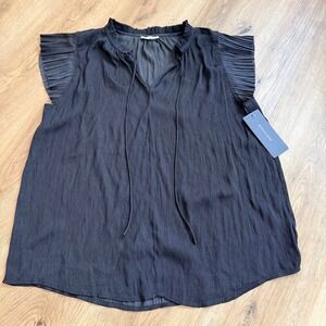 NWT OLIVIA GREY Black Pleated Flutter Sleeve‎ V-Neck Tie Blouse Top Large